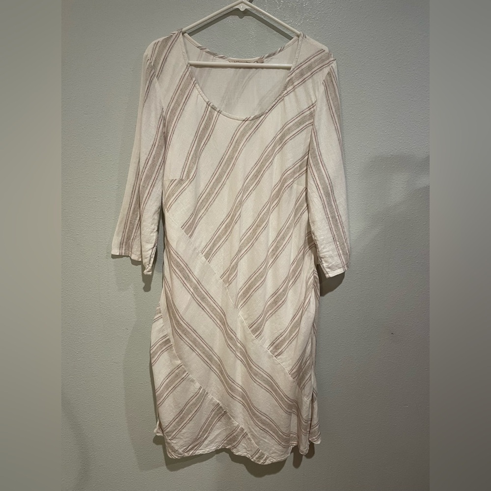 Soft Surroundings Cream and Brown Striped Long Sleeve Dress